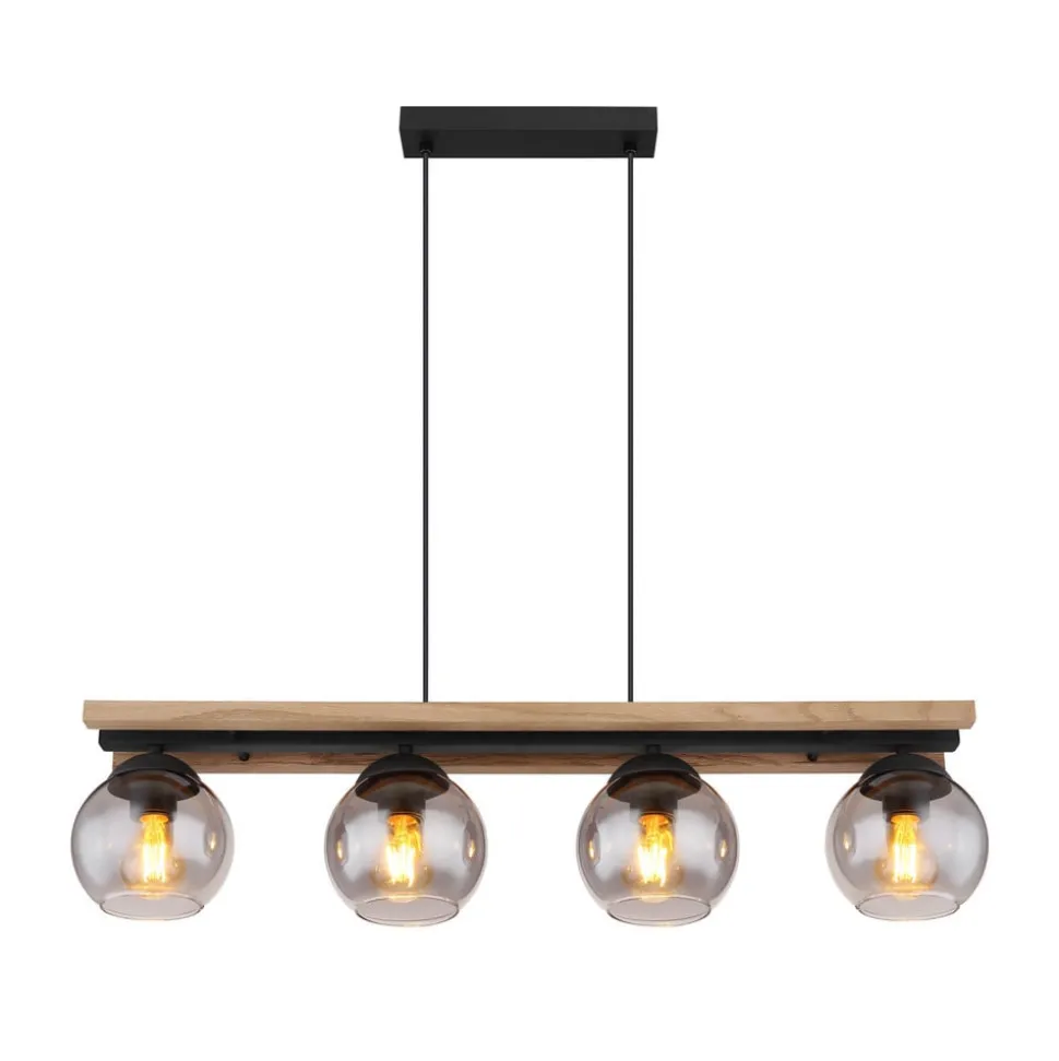 Conni hanglamp, lengte 85 cm, rookgrijs, hout/glas, 4-lamps.