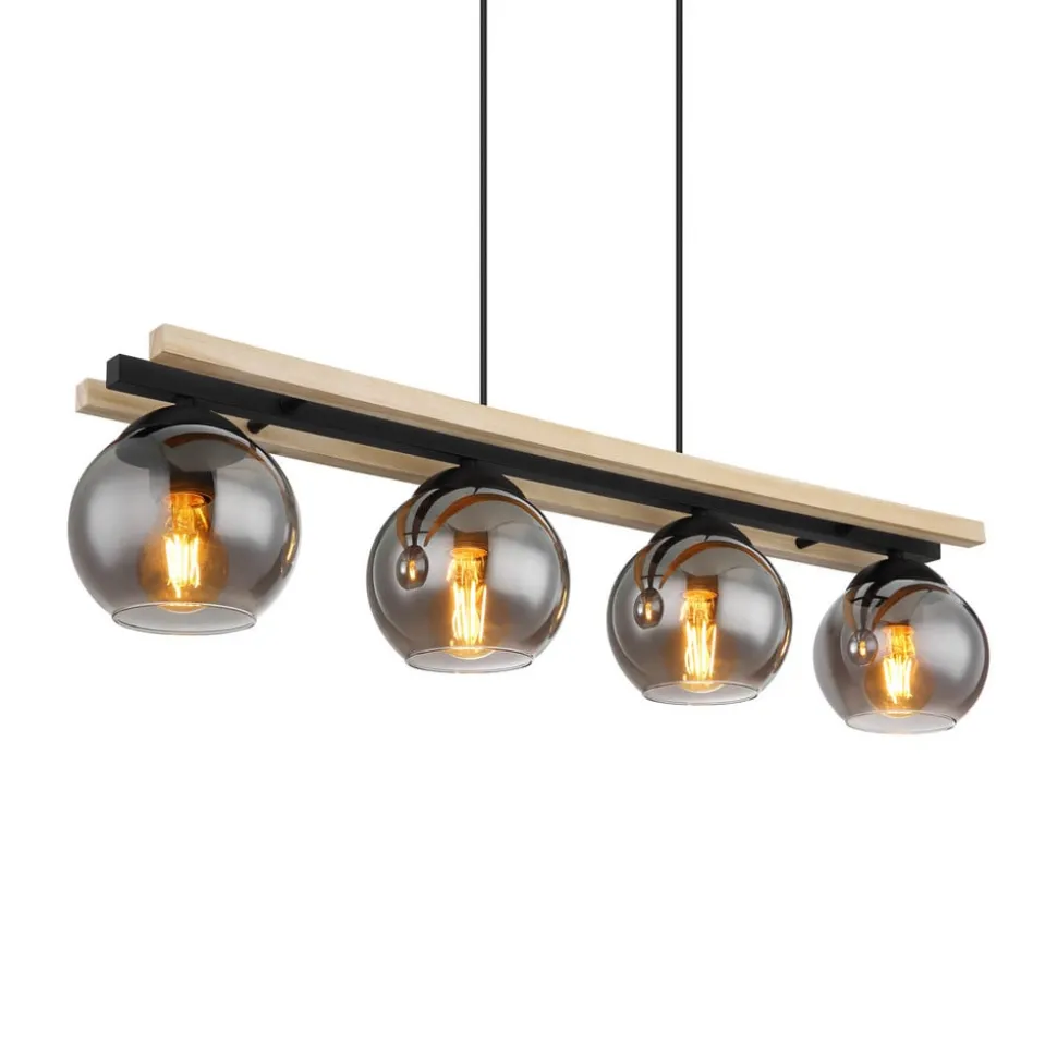 Conni hanglamp, lengte 85 cm, rookgrijs, hout/glas, 4-lamps.