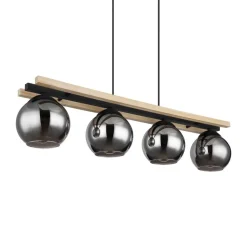 Conni hanglamp, lengte 85 cm, rookgrijs, hout/glas, 4-lamps.