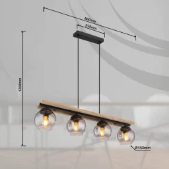 Conni hanglamp, lengte 85 cm, rookgrijs, hout/glas, 4-lamps.