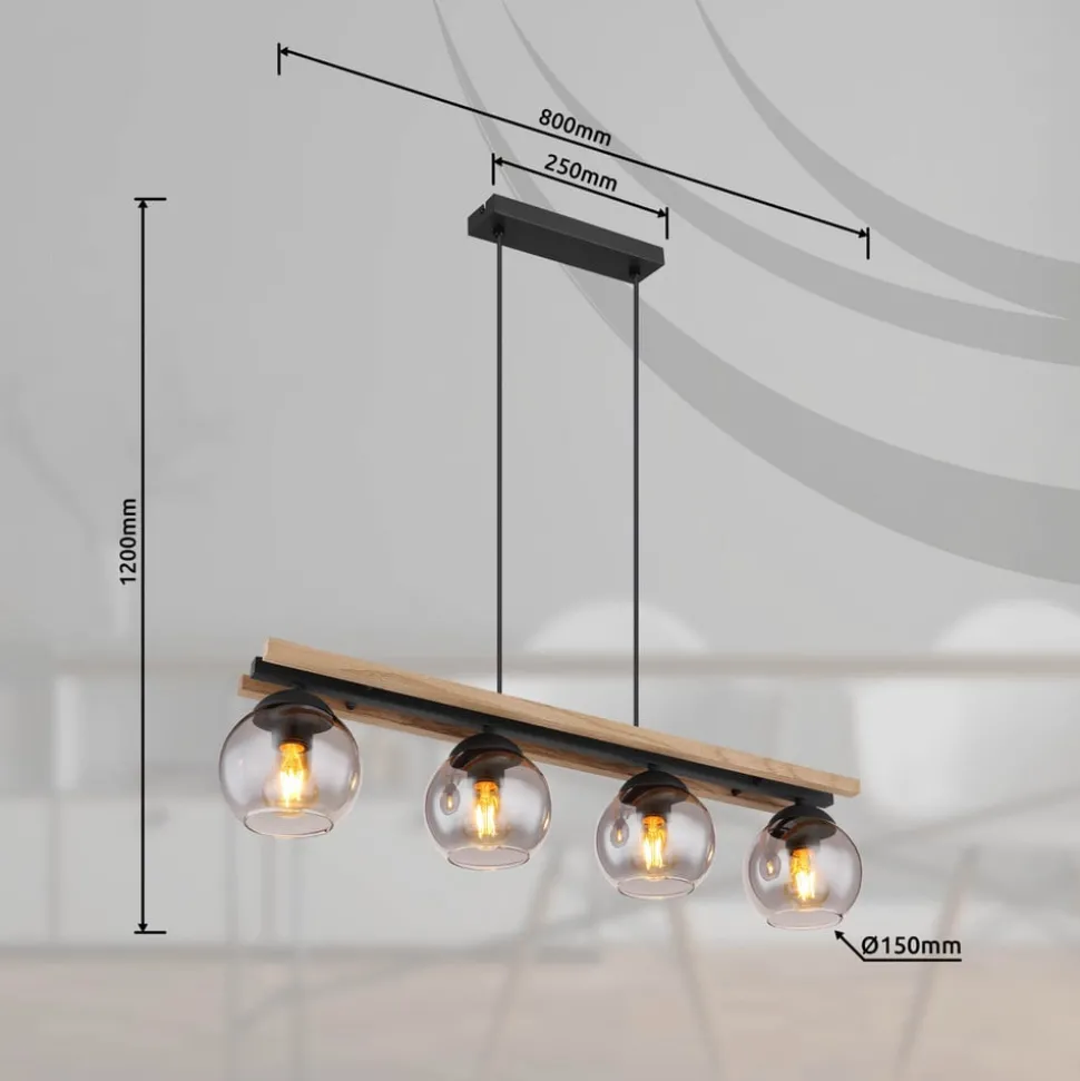 Conni hanglamp, lengte 85 cm, rookgrijs, hout/glas, 4-lamps.