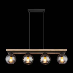 Conni hanglamp, lengte 85 cm, rookgrijs, hout/glas, 4-lamps.