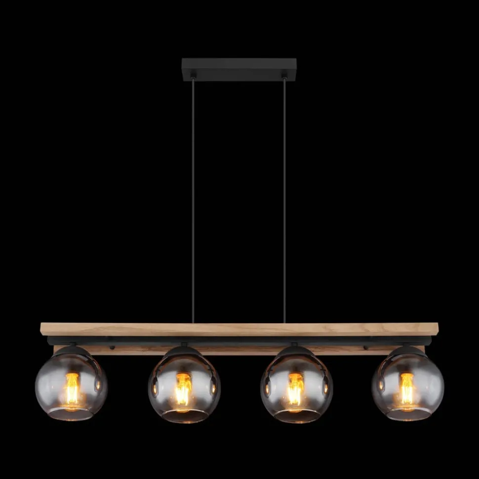 Conni hanglamp, lengte 85 cm, rookgrijs, hout/glas, 4-lamps.