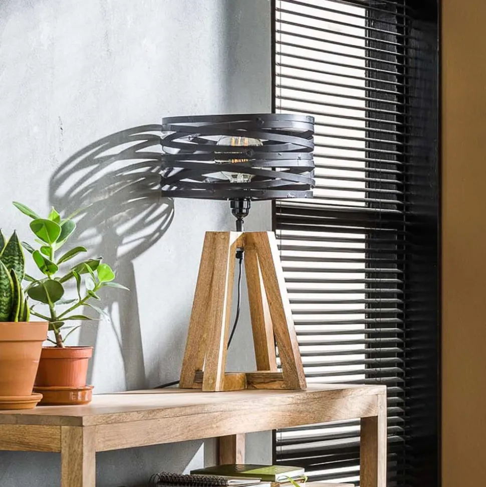 Crossround tafellamp met houten driepoot voet