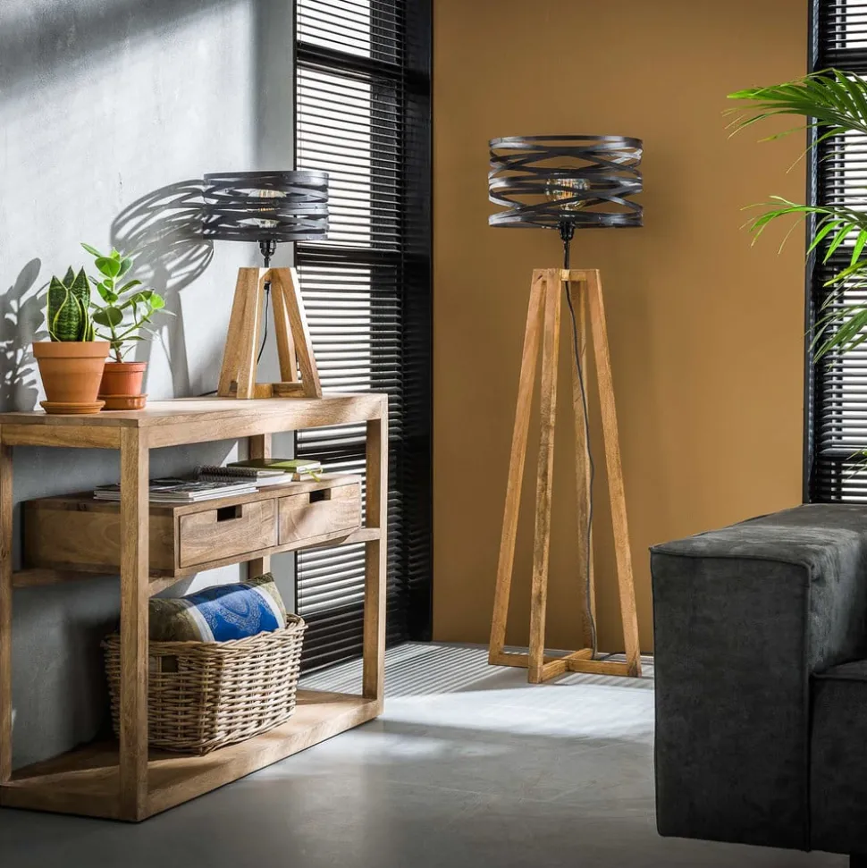 Crossround tafellamp met houten driepoot voet