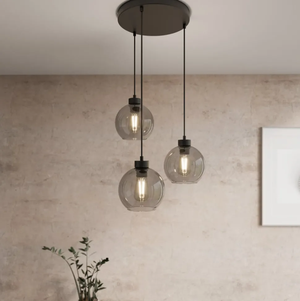 Cubus hanglamp, Ø 50 cm, 3-lamps, rookgrijs, glas