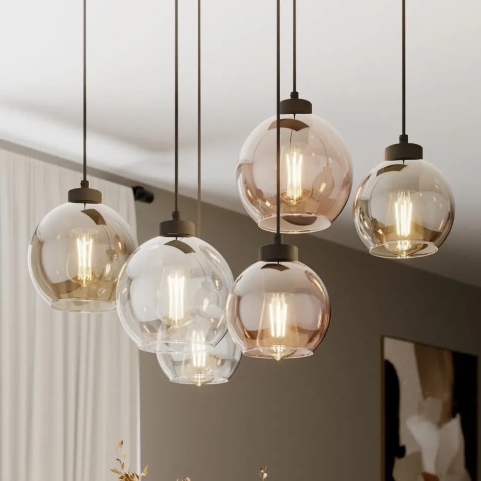 Cubus hanglamp, 74 cm, 6-lamps, helder/honing/bruin, glas