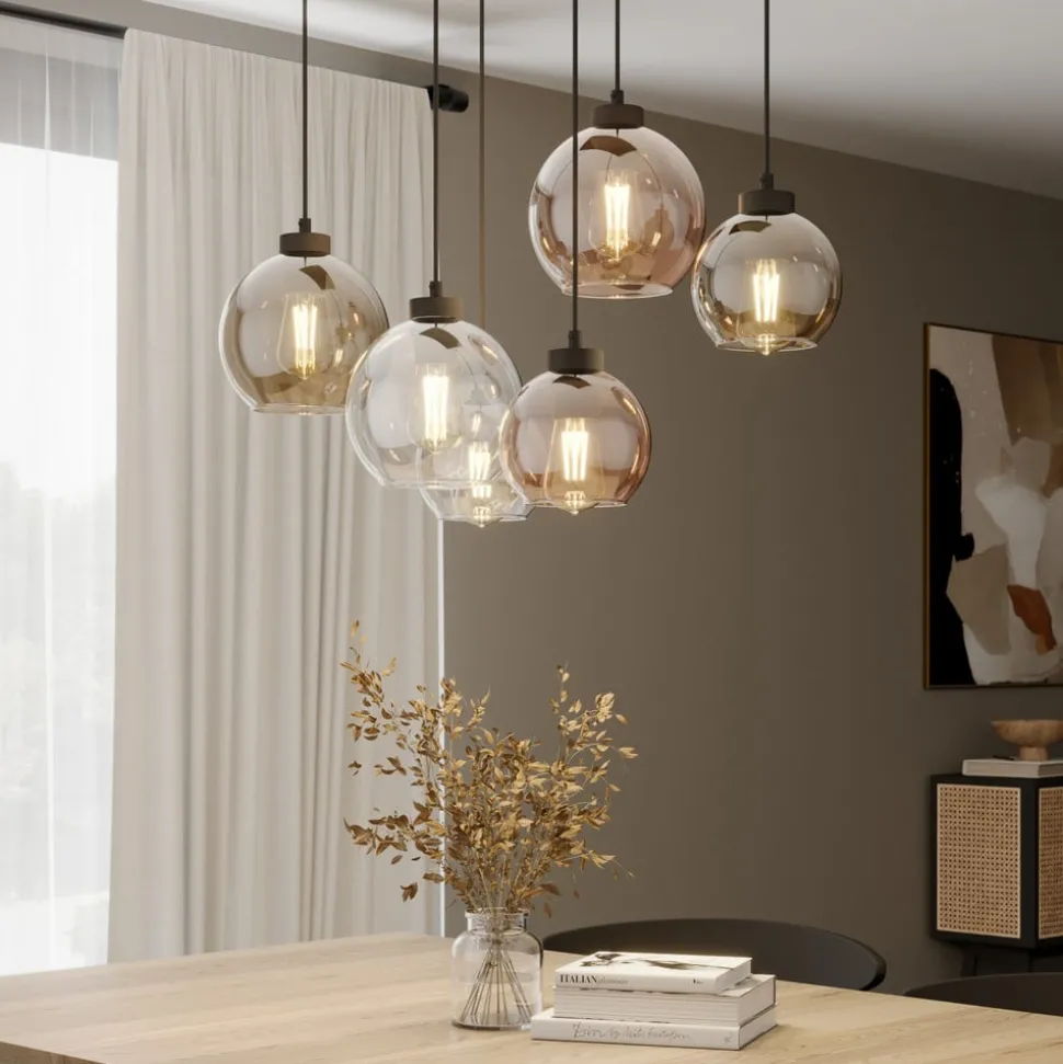 Cubus hanglamp, 74 cm, 6-lamps, helder/honing/bruin, glas