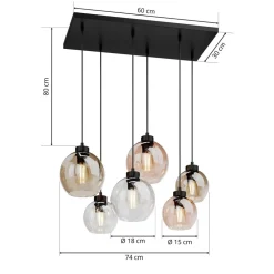 Cubus hanglamp, 74 cm, 6-lamps, helder/honing/bruin, glas
