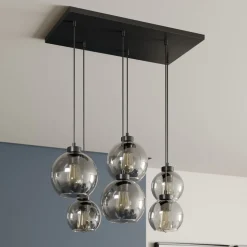 Cubus hanglamp, rookgrijs, glas, 74 cm lang, 6-lamps