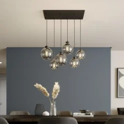 Cubus hanglamp, rookgrijs, glas, 74 cm lang, 6-lamps