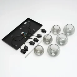 Cubus hanglamp, rookgrijs, glas, 74 cm lang, 6-lamps