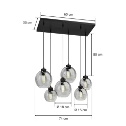 Cubus hanglamp, rookgrijs, glas, 74 cm lang, 6-lamps