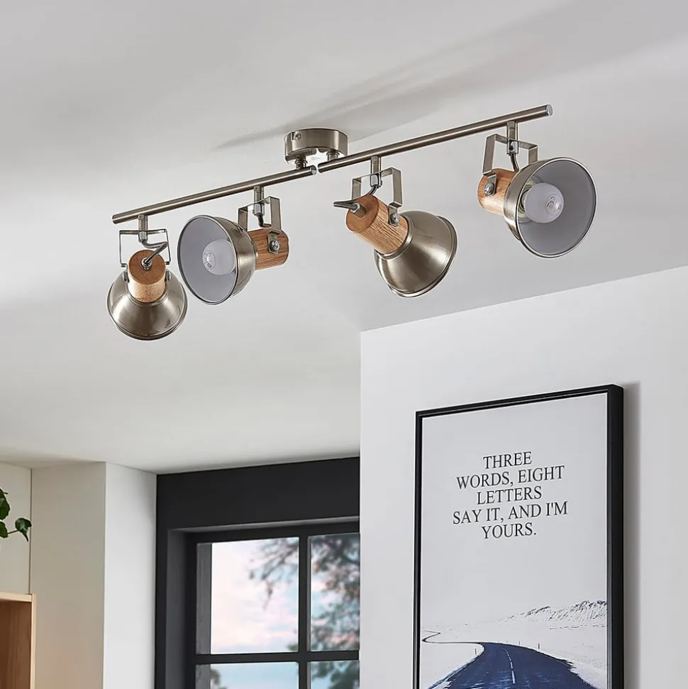 Dennis plafondlamp met hout, 4-lamps.