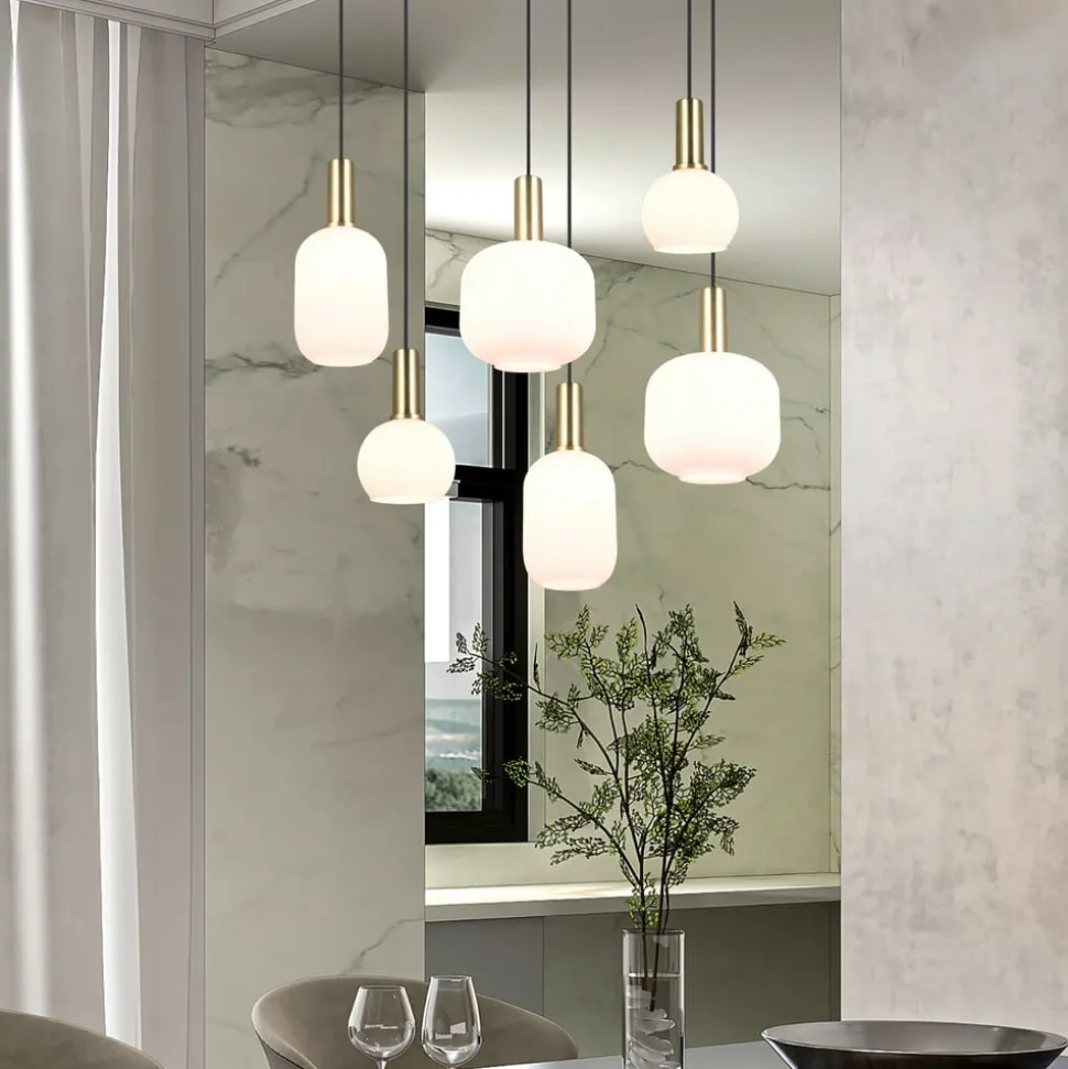 Diva hanglamp, 6-lamps, messingkleurig, opaal, metaal, glas