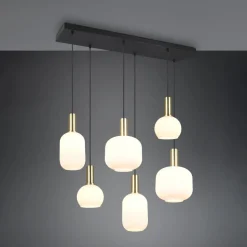 Diva hanglamp, 6-lamps, messingkleurig, opaal, metaal, glas