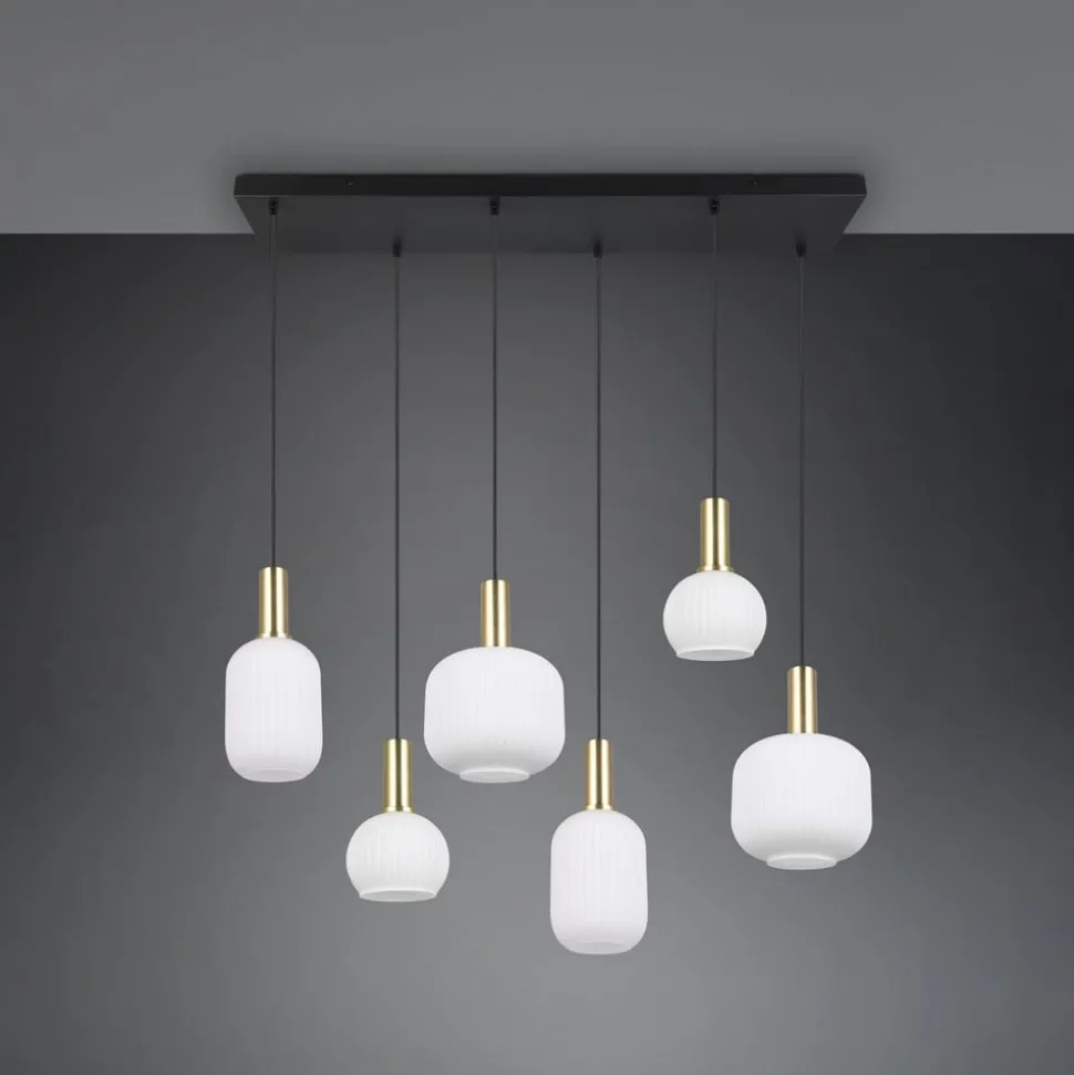 Diva hanglamp, 6-lamps, messingkleurig, opaal, metaal, glas