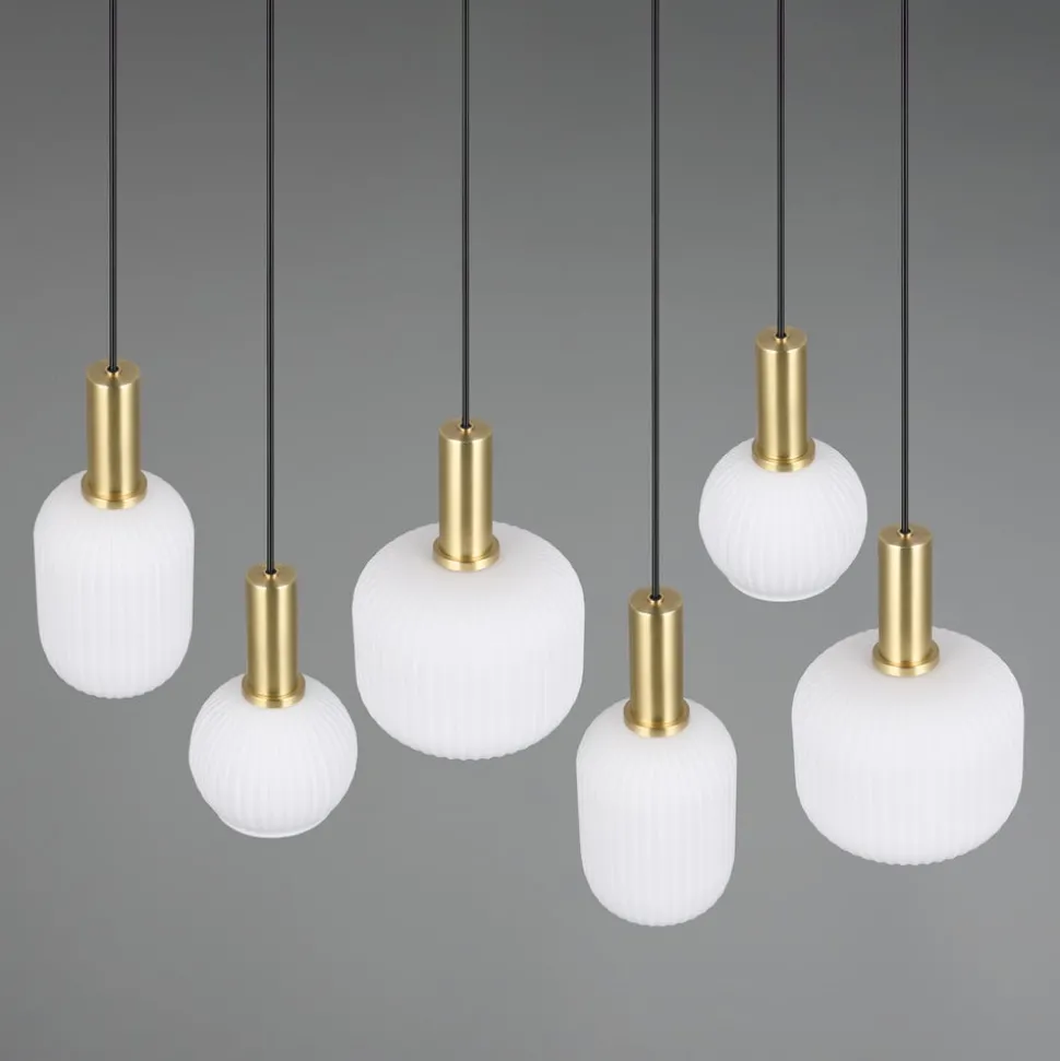 Diva hanglamp, 6-lamps, messingkleurig, opaal, metaal, glas