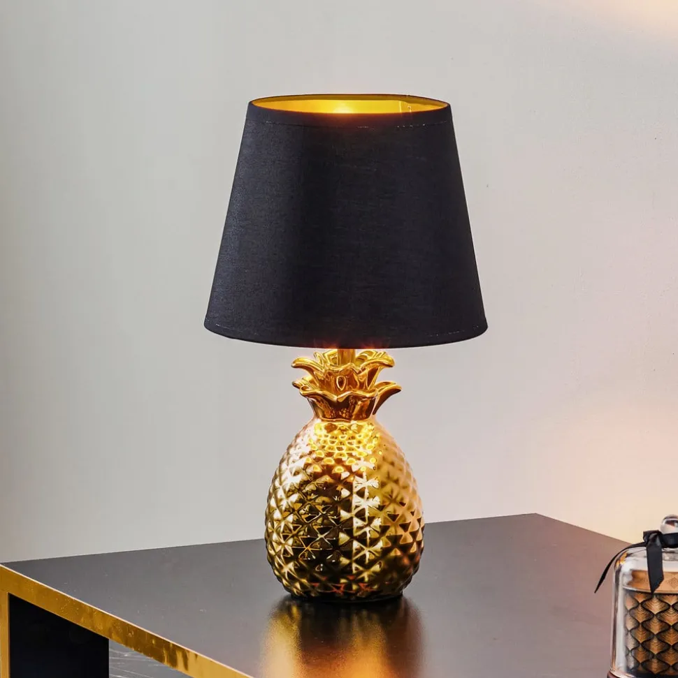 Elegante keramische tafellamp Pineapple goud-zwart