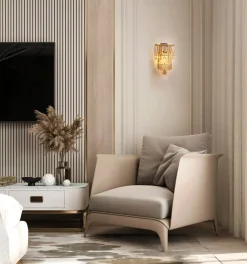 Empire wandlamp, messing/amber, kristalglas, staal, IP44