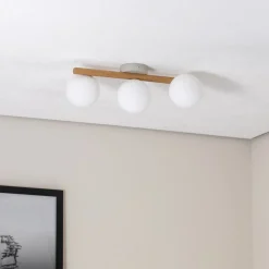 Estera plafondlamp, opaal glas, hout, 3-lamps
