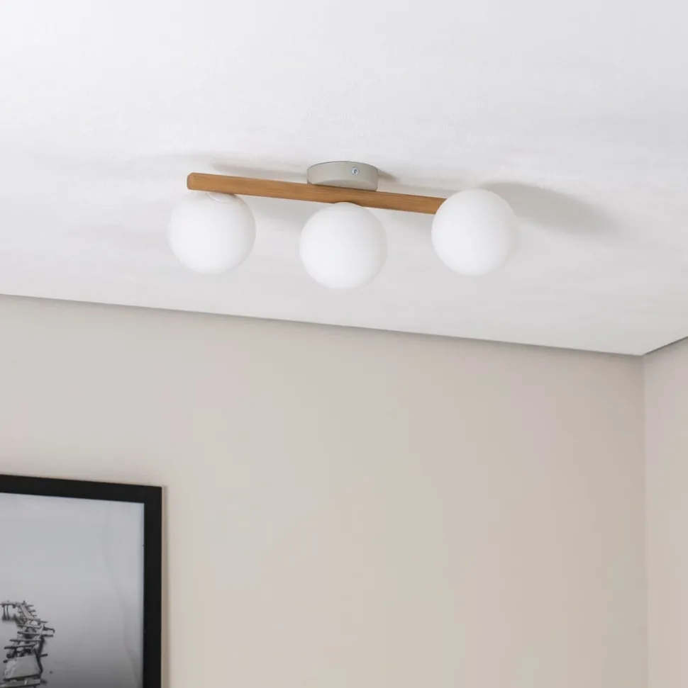 Estera plafondlamp, opaal glas, hout, 3-lamps