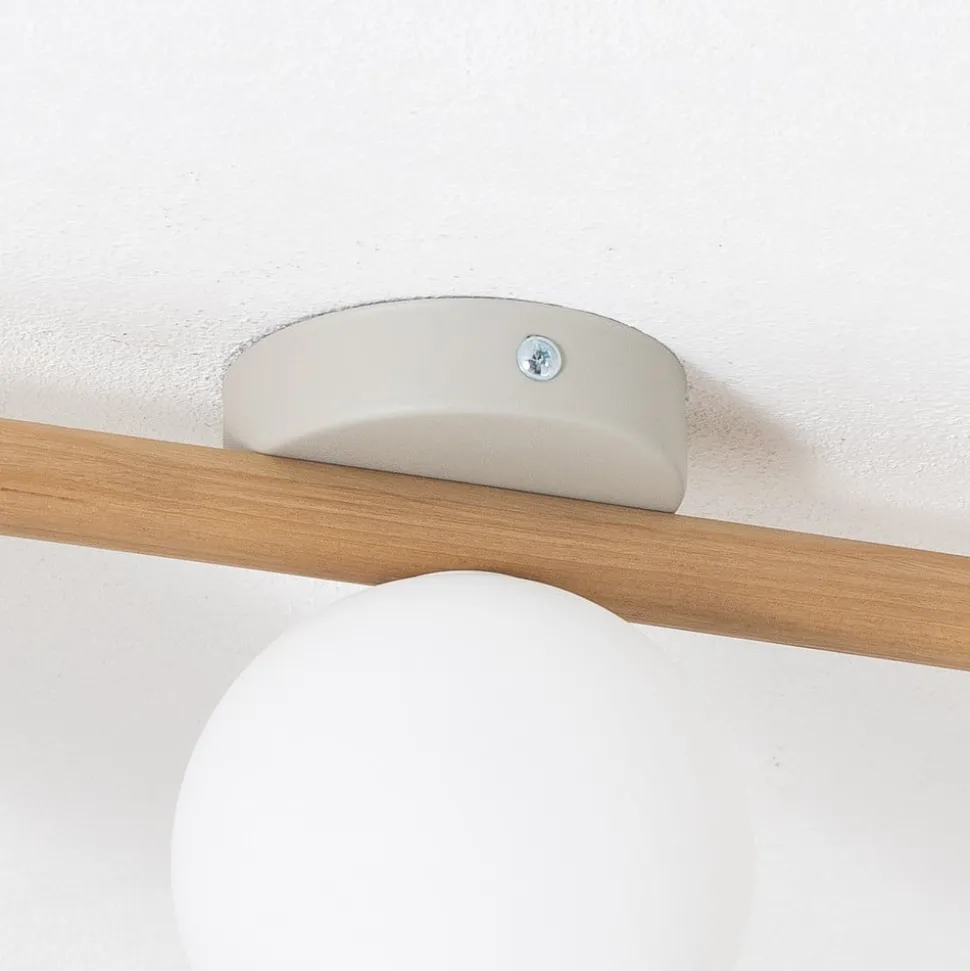 Estera plafondlamp, opaal glas, hout, 3-lamps