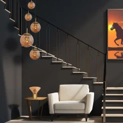 Glazen hanglamp glasbol, messing, 5-lamps