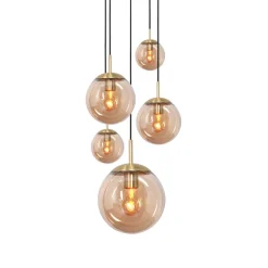 Glazen hanglamp glasbol, messing, 5-lamps