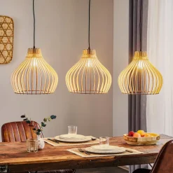 Hanglamp Barrel met houten kappen, 3-lamps lang