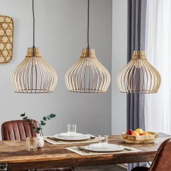 Hanglamp Barrel met houten kappen, 3-lamps lang