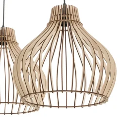Hanglamp Barrel met houten kappen, 3-lamps lang
