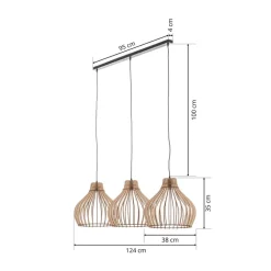 Hanglamp Barrel met houten kappen, 3-lamps lang