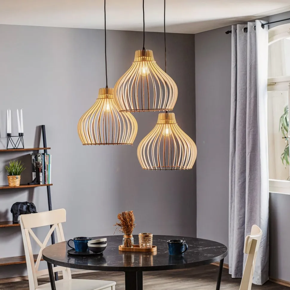 Hanglamp Barrel met houten kappen, 3-lamps, rond