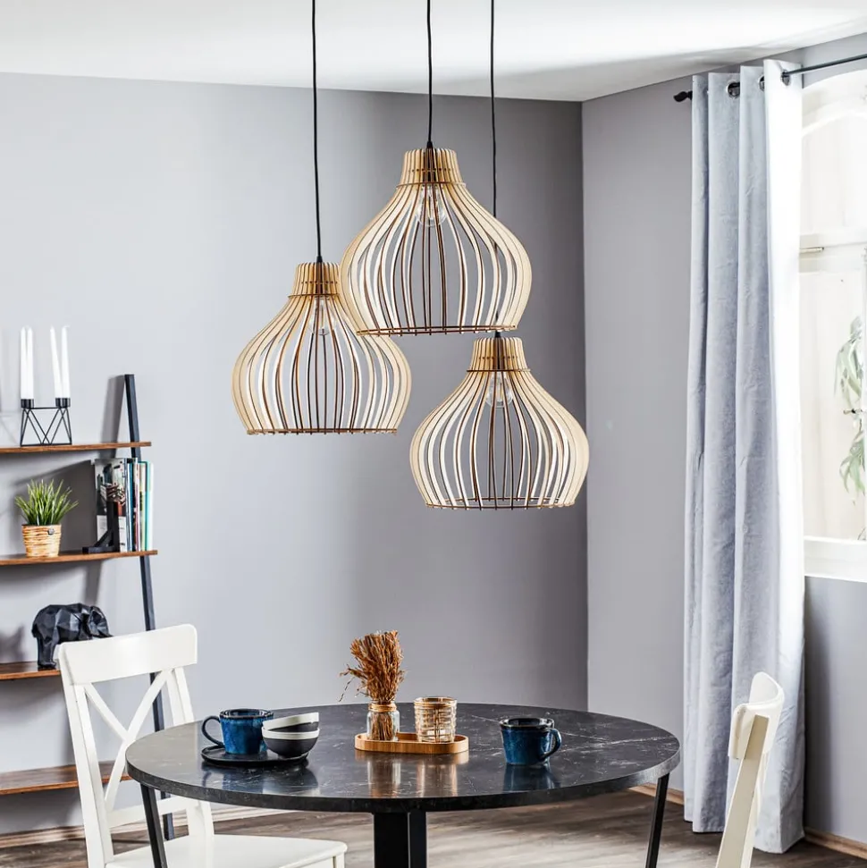 Hanglamp Barrel met houten kappen, 3-lamps, rond