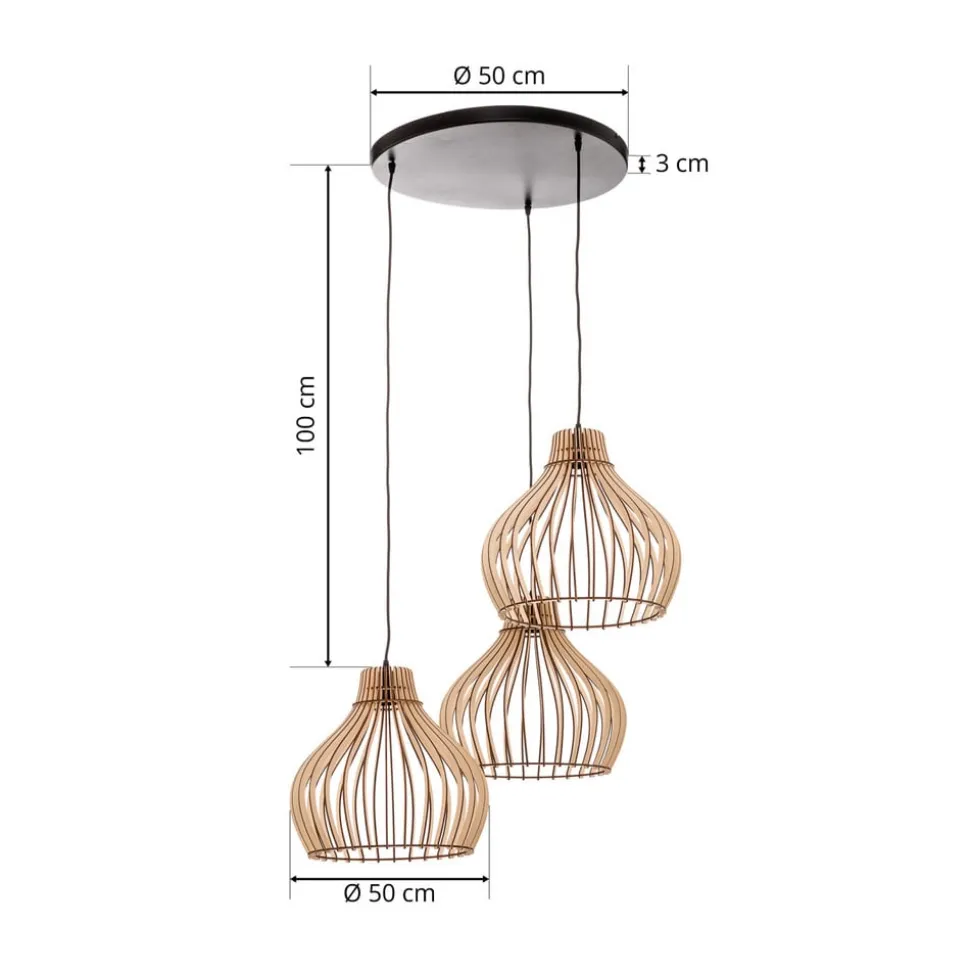 Hanglamp Barrel met houten kappen, 3-lamps, rond