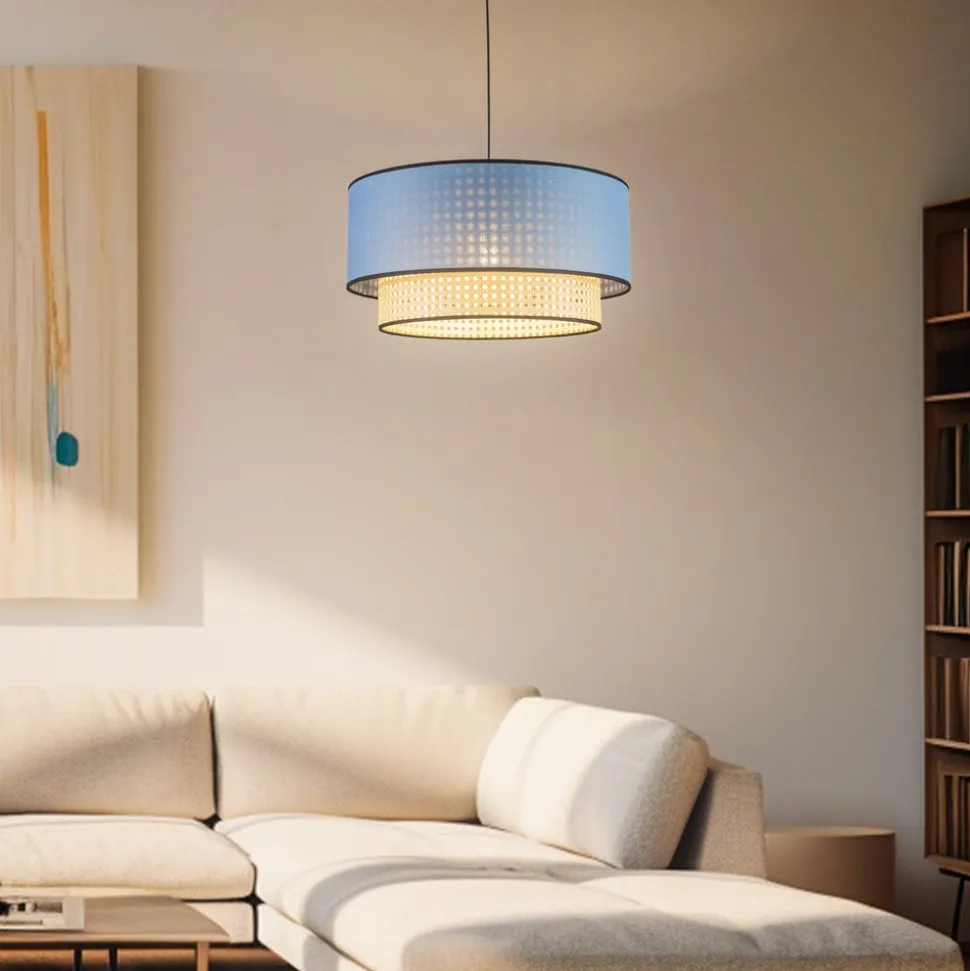 Hanglamp Boho, rotan, textiel, beige/jeans