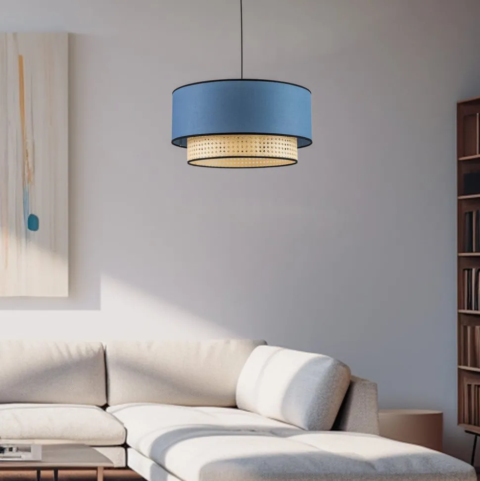 Hanglamp Boho, rotan, textiel, beige/jeans