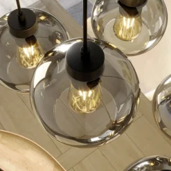 Hanglamp Cubus, 95 cm lang, 8-lamps, rookgrijs, glas