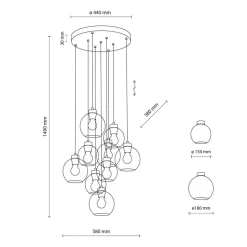Hanglamp Cubus Mix, Ø 58 cm, 9-lamps, meerkleurig, glas, E27
