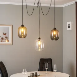 Hanglamp Elio, glas, bruin/helder/grijs, 3-lamps, decentraal