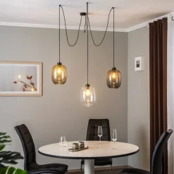 Hanglamp Elio, glas, bruin/helder/grijs, 3-lamps, decentraal