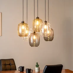 Hanglamp Elio, glas, bruin/helder/grijs, rechthoek 6-lamps