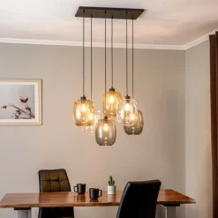 Hanglamp Elio, glas, bruin/helder/grijs, rechthoek 6-lamps