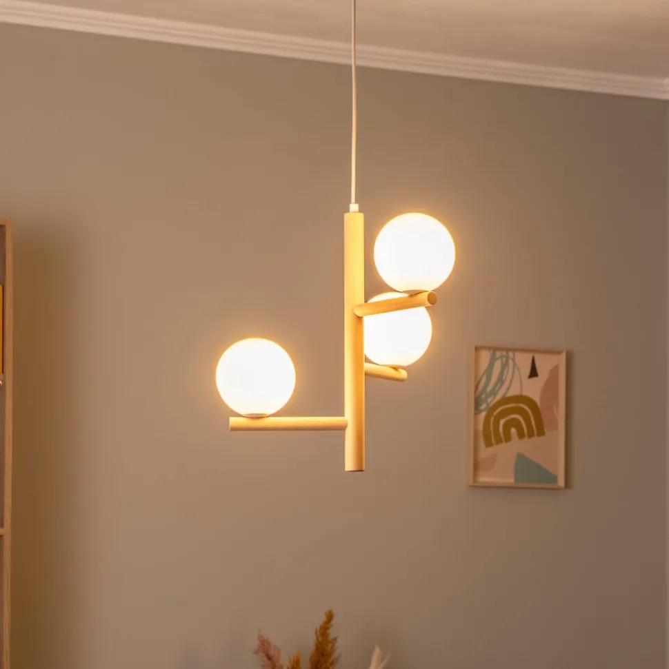 Hanglamp Estera, opaalglas, hout, 3-lamps