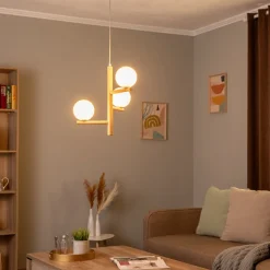 Hanglamp Estera, opaalglas, hout, 3-lamps