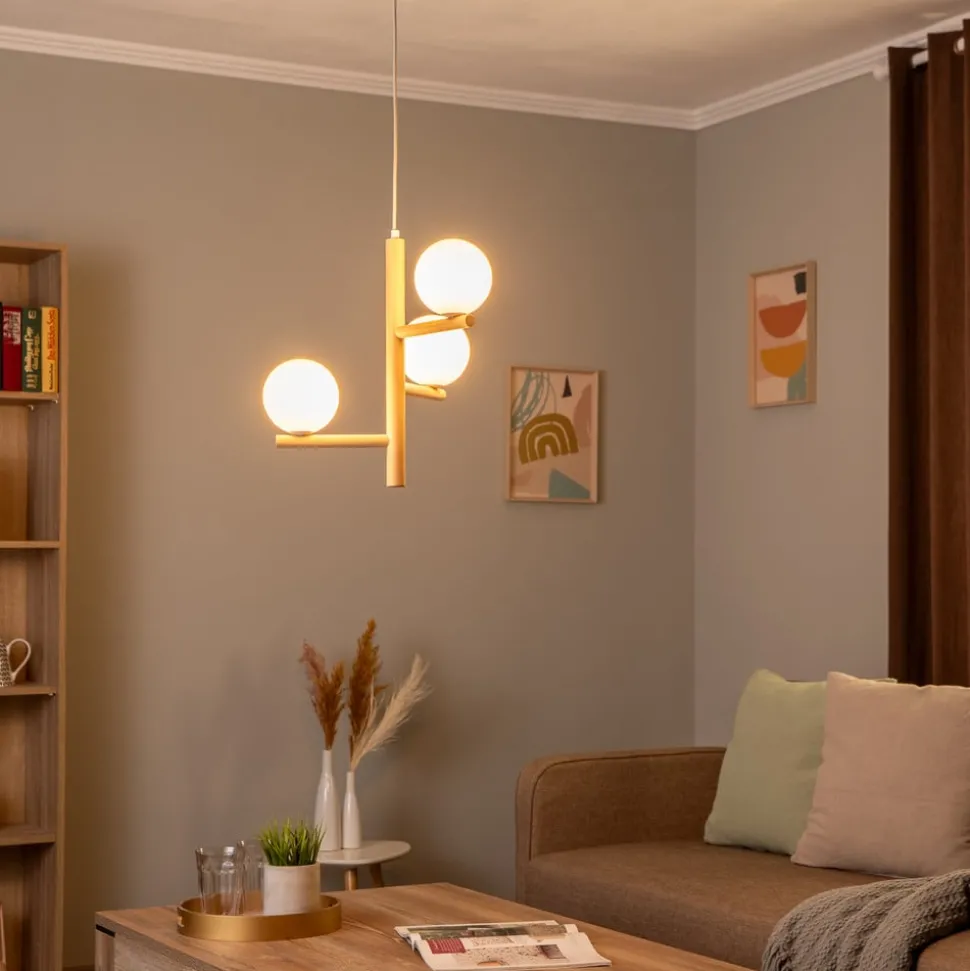 Hanglamp Estera, opaalglas, hout, 3-lamps