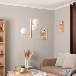 Hanglamp Estera, opaalglas, hout, 3-lamps