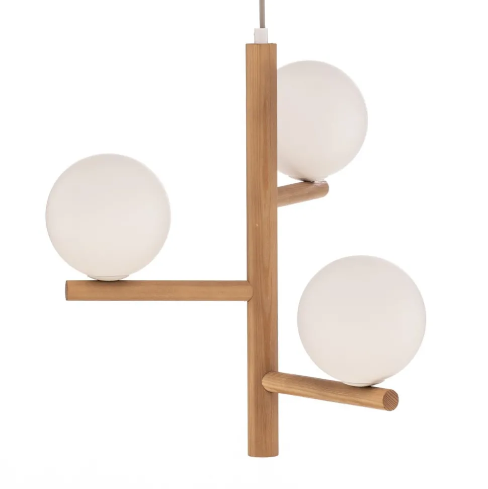 Hanglamp Estera, opaalglas, hout, 3-lamps