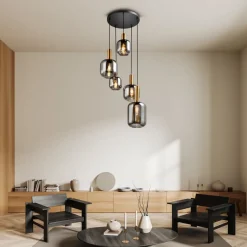 Hanglamp Fumo, rookglas, 5-lamps, rondel